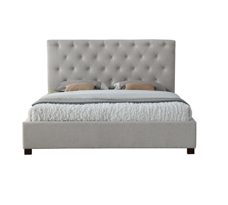 Front helmii Alnwick King Size upholstered off white fabric bed with tufted headboard